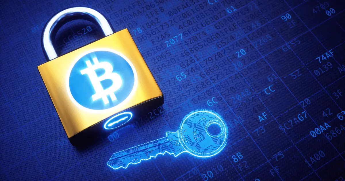 imagem ilustrativa de um cadeado bitcoin e uma chave virtual