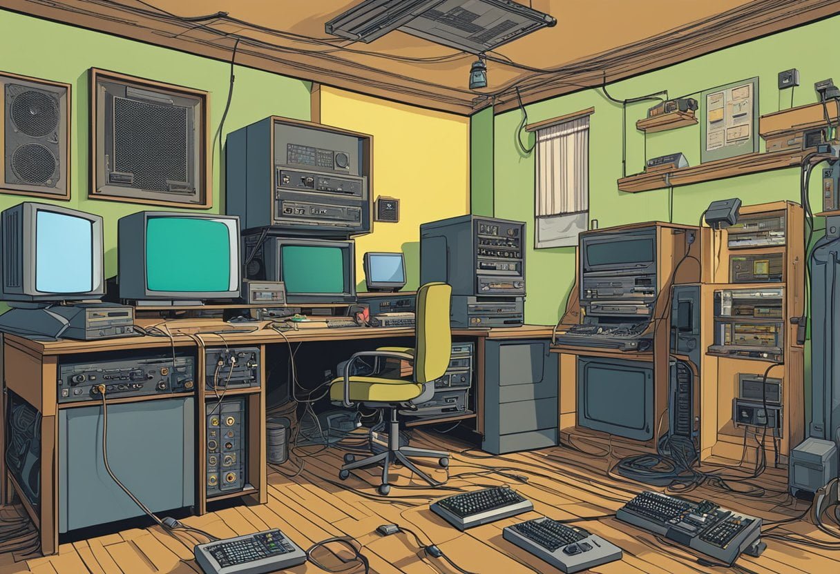 Quarto com computadores e máquinas